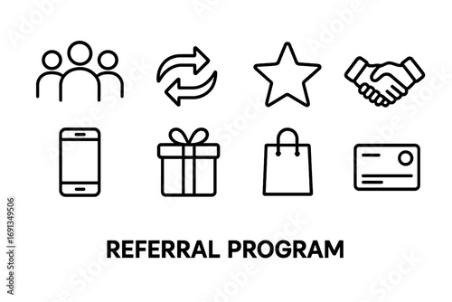Referral Program Icons. Outline icon set of referral programs: group of people, arrows, star, handshake,