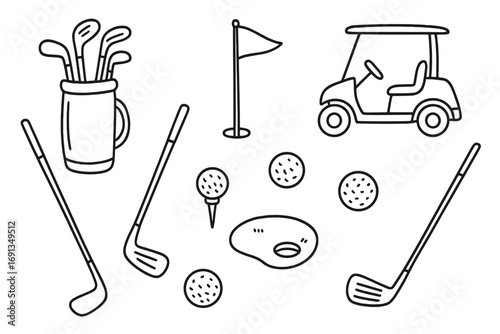 Golf sport doodle icon set. Vector cartoon collection of golf equipment with club, ball, tee, cart and bag. Black and white linear style illustration for graphic design.