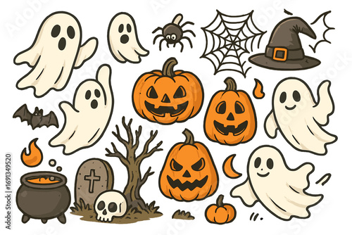 Big set of Halloween doodles. Cute hand-drawn ghosts, spooky pumpkins, witch hat, and bat. Cartoon vector illustration collection for autumn holiday. Scary jack o' lantern pack.