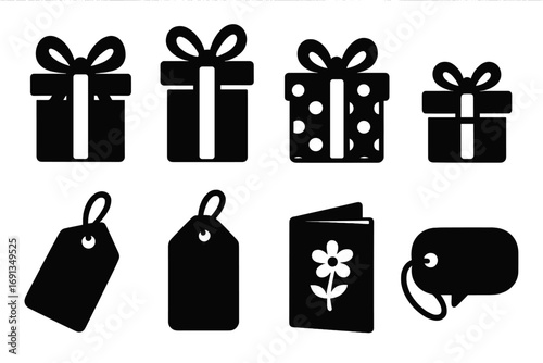 Gift icon set. Present box with bow silhouette. Surprise package symbol. Birthday, christmas celebration. Price tag label. Thank you greeting card. Shopping element vector.