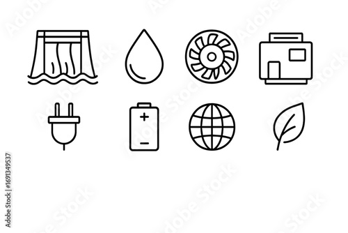 Hydropower Icon Set. Outline icon set of hydropower plants: dam, water droplet, turbine, generator, plug,