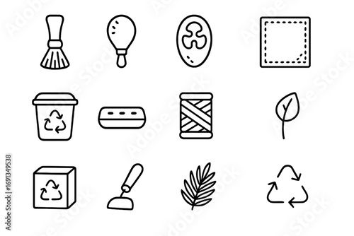 Compostable Cleaning Icons. Outline icon set of compostable cleaning tools: bamboo brush, coconut scrubber, loofah sponge, hemp