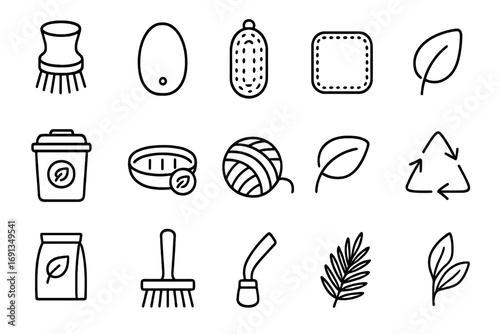 Compostable Cleaning Icons. Outline icon set of compostable cleaning tools: bamboo brush, coconut scrubber, loofah sponge, hemp