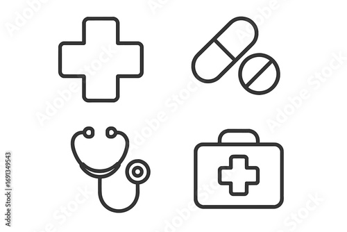 Health care line icon bundle. Modern collection of medical symbols for web, apps. Contains linear images of pharmacy cross, medicine pills, doctor stethoscope, and first aid kit.