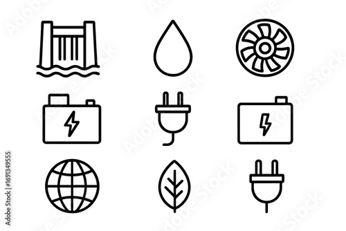 Hydropower Icon Set. Outline icon set of hydropower plants: dam, water droplet, turbine, generator, plug,