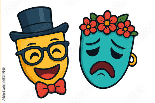 Comedy and tragedy theater masks. Happy and sad emotions. Concept for bipolar disorder, mood swings, or dual personality. Vector cartoon characters with top hat and flowers.