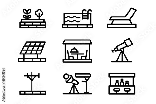 Rooftop Icon Set. Outline icon set of rooftop facilities: rooftop garden, swimming pool, lounge chair, solar
