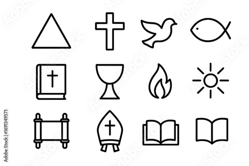 Trinity Icon Set. Outline icon set of Trinity discussions: triangle, cross, dove, fish symbol, Bible, chalice,