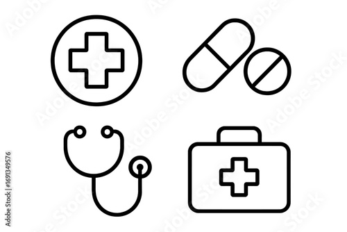 Health care and medicine line icon set. Vector collection of medical symbols for hospital, clinic. Pharmacy cross, pills, stethoscope, first aid kit signs. Simple outline icons.