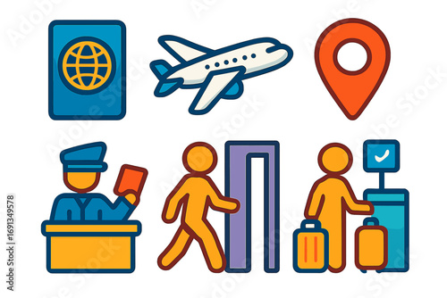 Airport travel icons set vector illustration. Passport control, customs officer, flight check-in, and security screening. Airplane, location pin, and passenger with luggage.