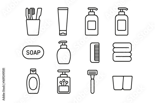 Family Bathroom Icons. Outline icon set of shared family bathroom: multiple toothbrushes, toothpaste tube,