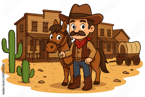 Cowboy and horse in old western town. Cartoon vector illustration of a wild west scene with cactus and a covered wagon. American frontier character design for children.