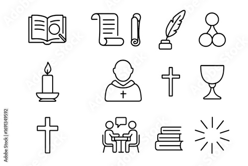 Scriptural Icon Set. Outline icon set of scriptural interpretation: open Bible, magnifying glass, scroll,
