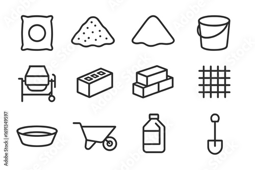 Concrete Materials Icons. Outline icon set of cement and concrete materials: cement bag, gravel pile, sand pile, water bucket,