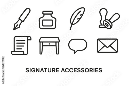 Elegant Icon Collection. Outline icon set of signature accessories: ink pen, ink bottle, quill, sealing wax, stamp, paper scroll,
