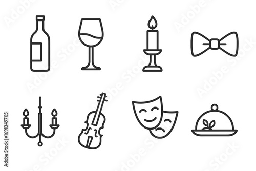Elegant Celebration Icons. Outline icon set of elegant cheers: wine bottle, crystal glass, candlelight, bow tie, chandelier,