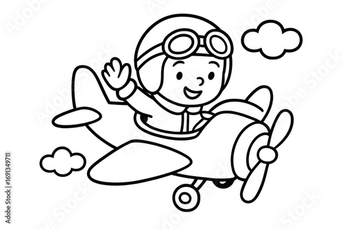 Cute cartoon pilot boy flying a vintage propeller airplane. Simple black and white line art vector illustration for coloring book page. Child aviator character in the sky.