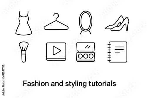 Fashion Icon Set. Outline icon set of fashion and styling tutorials: dress, hanger, mirror, shoes, brush,