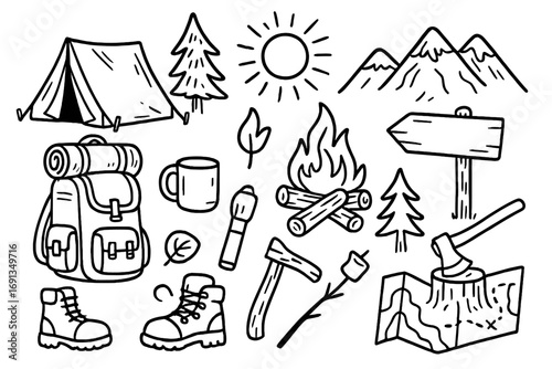 Hand drawn camping and hiking icon set. Outdoor adventure doodle collection. Vector line art of tent, campfire, backpack, mountains, forest. Nature travel and tourism concept.