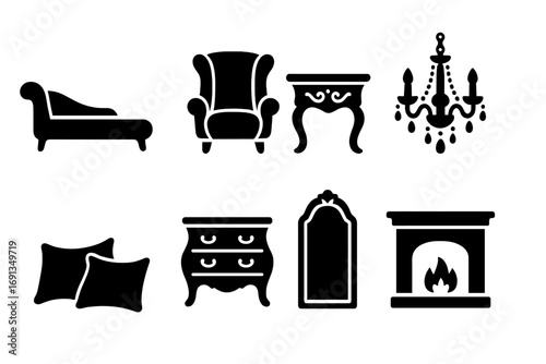 Elegant Furniture Icons. Solid, filled icon set of elegant furniture: chaise lounge, wingback chair, ornate table, crystal