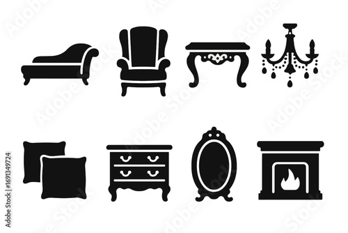 Elegant Furniture Icons. Solid, filled icon set of elegant furniture: chaise lounge, wingback chair, ornate table, crystal