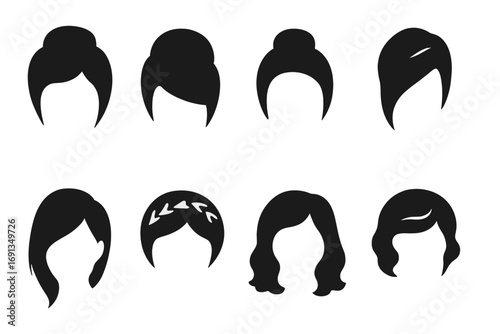 Elegant Hairstyle Icons. Solid, filled icon set of elegant hairstyles: updo, chignon, sleek bun, French twist, side sweep, braided