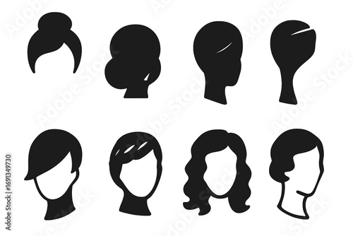 Elegant Hairstyle Icons. Solid, filled icon set of elegant hairstyles: updo, chignon, sleek bun, French twist, side sweep, braided
