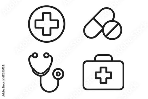 Medical icon set for healthcare. Line art symbols including first aid cross, pills, stethoscope, and doctor bag. Vector illustration for hospital, pharmacy, web, and app design.