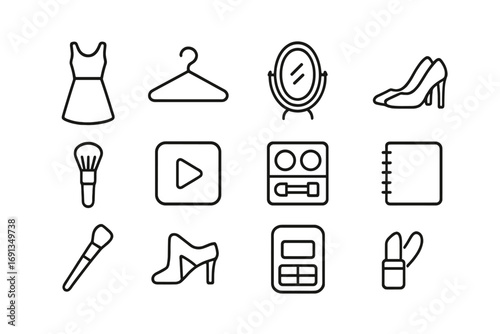 Fashion Icon Set. Outline icon set of fashion and styling tutorials: dress, hanger, mirror, shoes, brush,