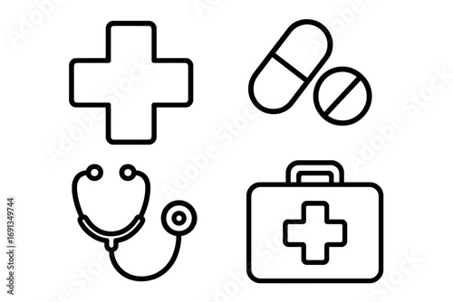 Health care and medicine outline icons set. Simple vector line art symbols collection. Medical cross, pills, stethoscope, first aid kit. Pharmacy and emergency concept.