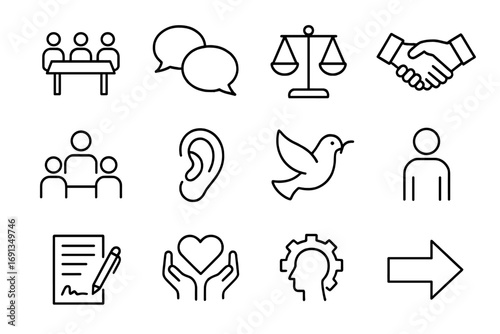 Conflict Resolution Icons. Outline icon set of conflict resolution strategies: mediation table, dialogue bubbles, balance scale,