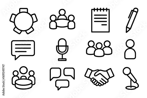 Roundtable Icons Set. Outline icon set of roundtable talks: table, chairs, group of people, notepad, pen,