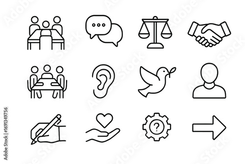 Conflict Resolution Icons. Outline icon set of conflict resolution strategies: mediation table, dialogue bubbles, balance scale,