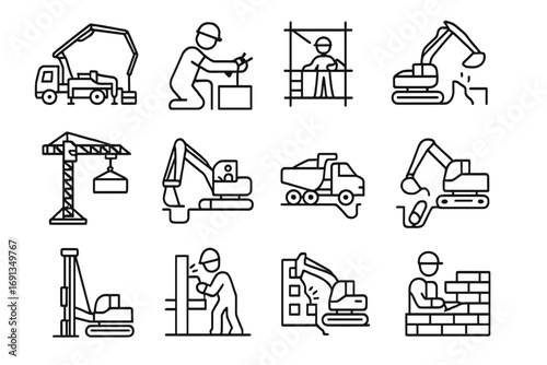 Construction Icon Set. Outline icon set of heavy construction tasks: concrete pumping, rebar tying, scaffolding assembly, crane