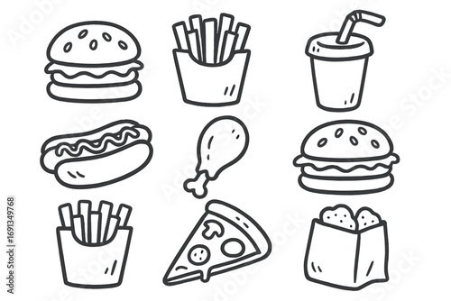 Hand drawn fast food doodle set. Vector line art icon collection. Burger, hamburger, pizza, hot dog, french fries, soda, chicken nugget & leg. Unhealthy junk food cartoon illustration.