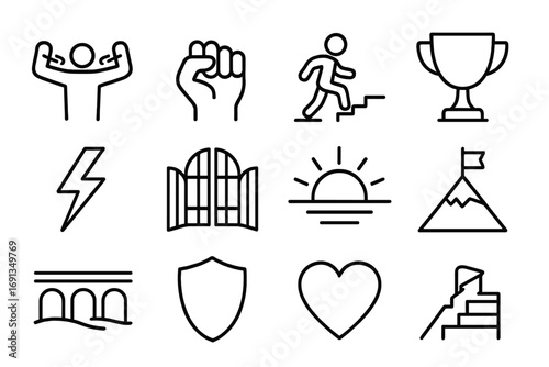 Conquering Challenges Icon Set. Outline icon set of Conquering personal challenges: person breaking chains, raised fist, stepping