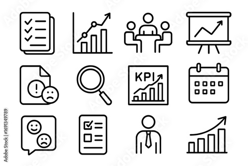 Post-Crisis Evaluation Icons. Outline icon set of post-crisis evaluation: checklist, graph, team meeting,