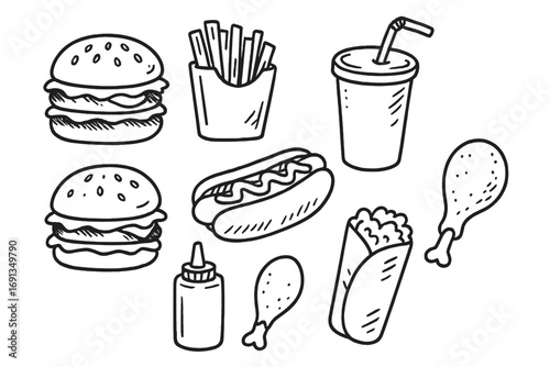 Hand drawn fast food doodles set. Vector cartoon line art illustration of burger, french fries, hot dog, soda, chicken and wrap. Sketch junk food icons for menu design.