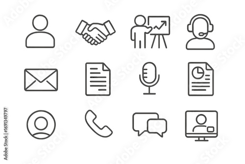 Stakeholder Communication Icons. Outline icon set of stakeholder communication: customer icon, partner