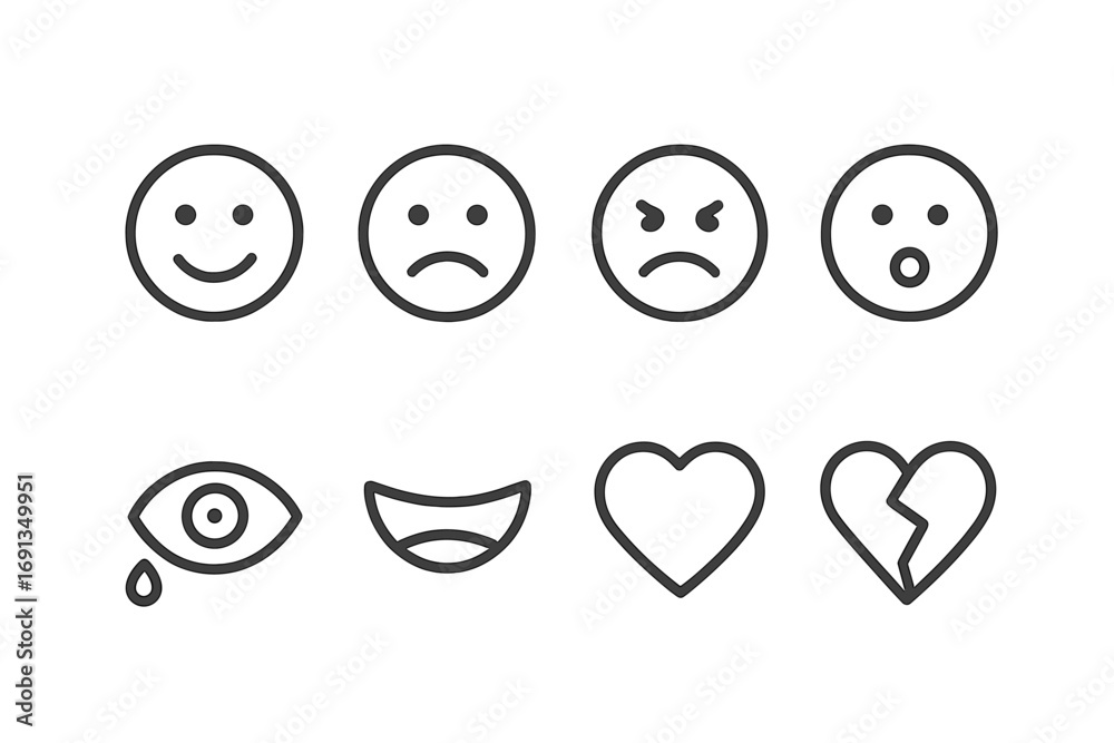 Fototapeta premium Emotional Icon Set. Outline icon set of emotion: happy face, sad face, angry face, surprised face, crying eye, laughing mouth,