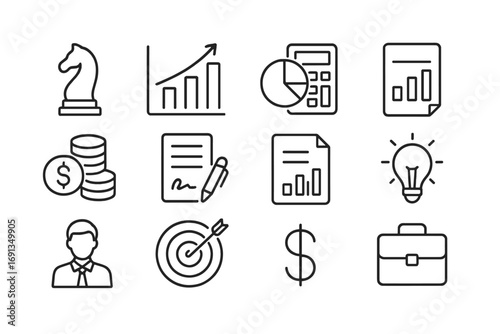 Financial Strategy Icons. Outline icon set of strategic financial consulting: chess piece, growth chart, pie