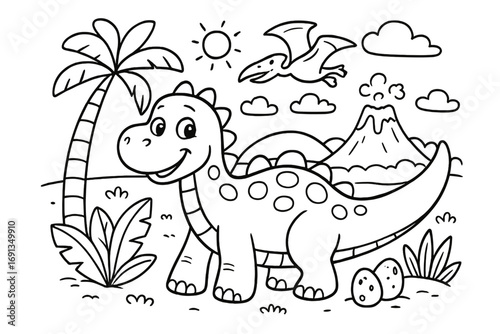 Dinosaur coloring page for kids. Cute cartoon dino, pterodactyl in prehistoric landscape with volcano. Funny vector outline illustration for children's activity book and game.