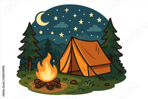 Camping adventure under the stars with tent and campfire in nature. Vector cartoon illustration of a peaceful night in the forest with mountains. Outdoor recreation concept.
