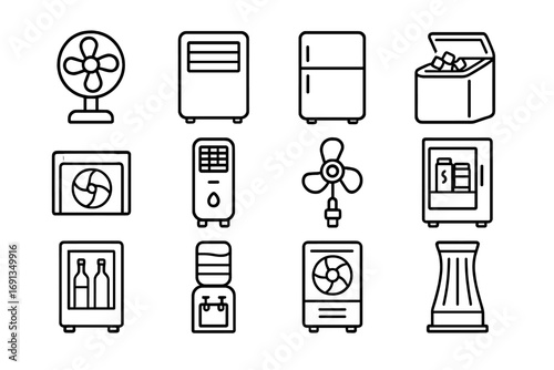 Cooling Appliances Icons. Outline icon set of portable cooling appliances: desk fan, portable AC, mini fridge,