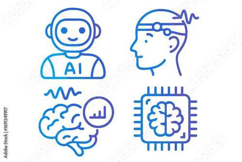 AI icon set. Artificial intelligence, brainwave technology, and neuroscience concepts. Vector line icons of robot, brain-computer interface, EEG, and AI chip processor. Machine learning.