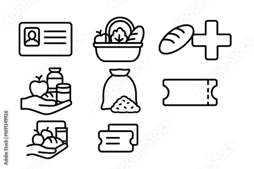 Food Ration Icons. Outline icon set of food rationing systems: ration card, basket, bread loaf, canned food,