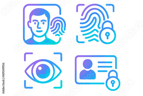 Biometric security gradient icons set. Digital identity and privacy concept. Vector cartoon illustration of face recognition, fingerprint scan, eye scanner, secure ID card.