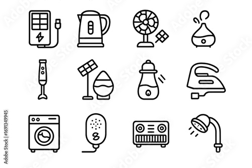 Eco Gadget Icons. Outline icon set of eco-friendly portable appliances: solar charger, energy-saving kettle,