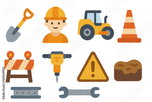Construction Zone Icons. Flat vector mini-illustrations Road reconstruction after flood in colors children's illustrations: shovel