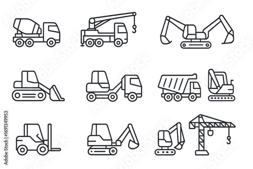 Construction Vehicle Icons. Outline icon set of construction vehicles: concrete mixer truck, concrete pump truck, crane, excavator